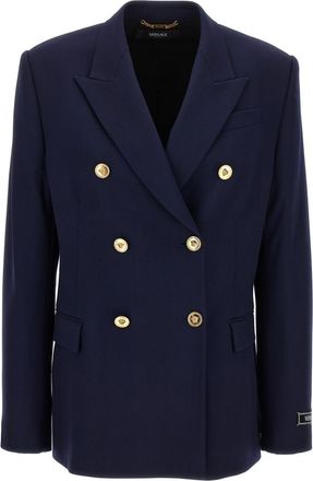 Versace Blue Double-breasted Stretch Wool Blazer