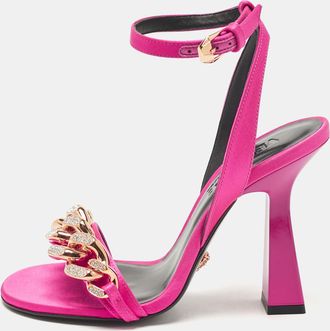 Versace Pink Satin Medusa Chain Ankle Strap Sandals