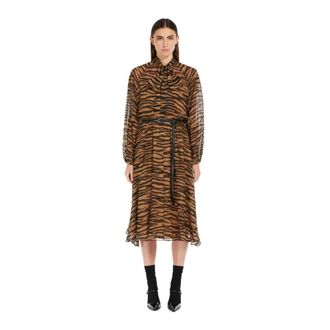 Max Mara Kleedjes, Dames, Bruin, M, Zijden Lange Jurk met Dierenprint