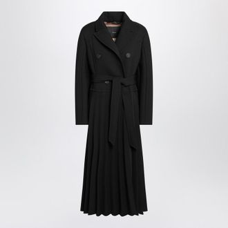 Max Mara Black Pleated Redingote Coat In Technical
