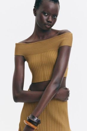 H&M Off-the-shoulder Crop Top in Dark Beige at Nordstrom, Size X-Small