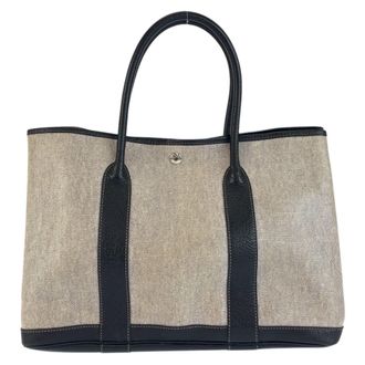 Herm&egrave;s Black Gray Toile H Leather Handbag Tote Bag (Pre-Owned)