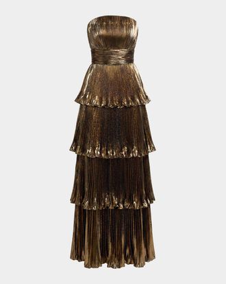 Mac Duggal Metallic Pleated Tiered Strapless Gown