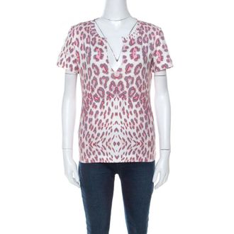 Just Cavalli Multicolor Leopard Print Slit Neck T-Shirt