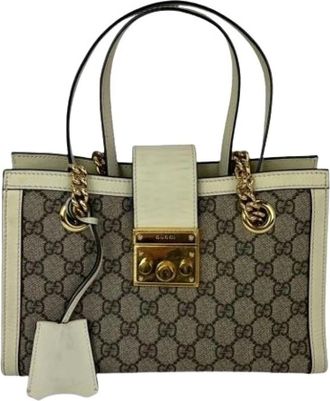 Gucci Pre-owned GG Supreme Small Padlock Leather Ebony Tote Bag - Dames - Vintage Shopper - Beige - ONE Size - Leer - Vintage