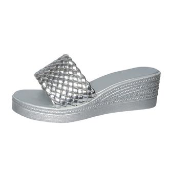 Generic Womens Open Toe Wedge Platform Espadrilles Slide Sandals Fashion Braided Slip On Summer Bohemia Beach Shoes (Silver,7.5)