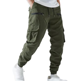 Generic Mens Tapered Cargo Trousers with Zipper Pockets Elasticated Waist Adjustable Cuffs Casual Streetwear Pants Daily Wear Outdoor Trousers Bottoms Army Gr