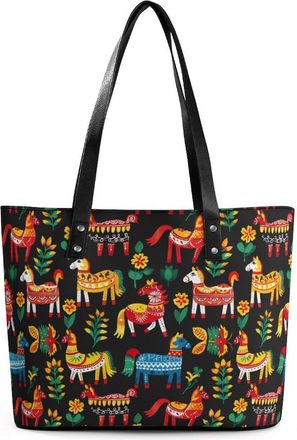 Generic Swedish Dala Horse Folk Pattern Tote Bags for Women Cute Shoulder Purses Handbags