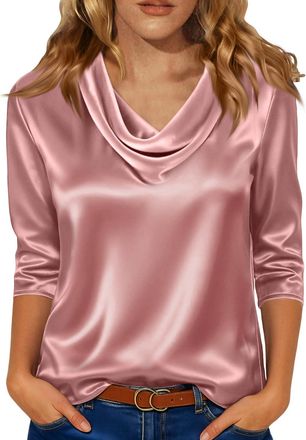 Generic Satin Tops Blouses for Women UK 3/4 Sleeve Silk Ladies Tops Cowl Neck Top Elegant Casual Business Shirts Pink Blouse L 26