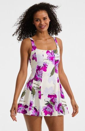Lands End Square Neck Corset Seamed Swim Dress in Egret/berry Etched Floral at Nordstrom, Size 10