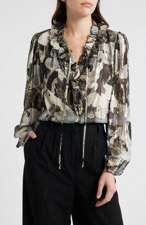 Kobi Halperin Boden Metallic Floral Tie Neck Silk Blend Top in Graphite M at Nordstrom, Size X-Large