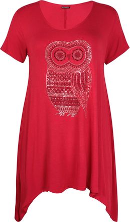 Purple Hanger Womens Owl Printed Ladies Stretch Round Neckline Sequin Stud Uneven Hanky Hem Long Swing T-Shirt Top Plus Size Red 22-24