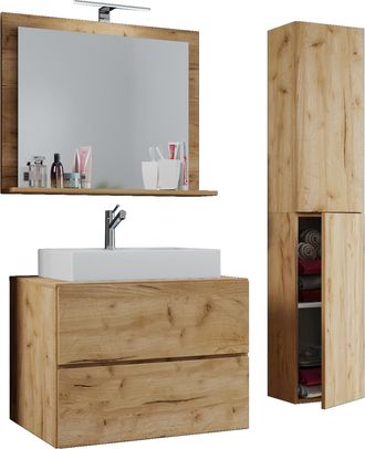 ebuy24 Ebuy24 - Vcm 4 Piezas Lavabo Lavabo Gabinete Inferior Ancho 80 Cm Muebles De Ba&ntilde;o Conjunto Con Cajones Puertas Giratorias Espejo Lendas L (roble Miel)