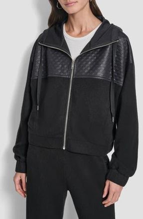 DKNY Mixed Media Zip-Up Hooded Jacket in Black/Black at Nordstrom Rack, Size Xx-Small