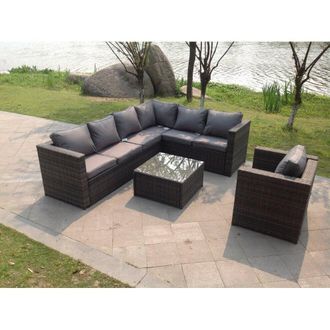Fimous Pe Rattan Corner Sofa Set Outdoor Garden Furniture Square Coffee Table Chair in Dark Grey