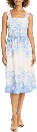 Maggy London Palm Print Stretch Cotton Dress in Blue/White at Nordstrom Rack, Size 14