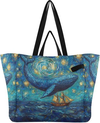 Generic Sailboat Stars Whale Blue print Reusable Canvas Tote Bag, Heavy Duty Grocery Shopping Bag with Large Capacity Double Handles Hard Bottom Work Grocerie