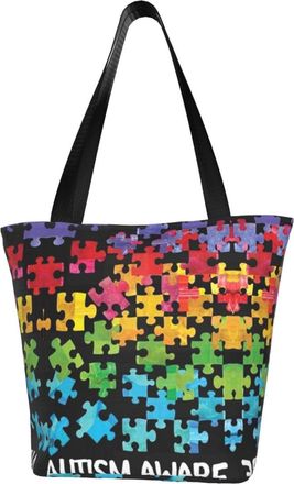 AOOEDM Autism Awareness Reusable Grocery Bag Shopping Bag Casual Shoulder Bag Handbag for Men Women ECO Market Bag Beach Bag Travel Totes