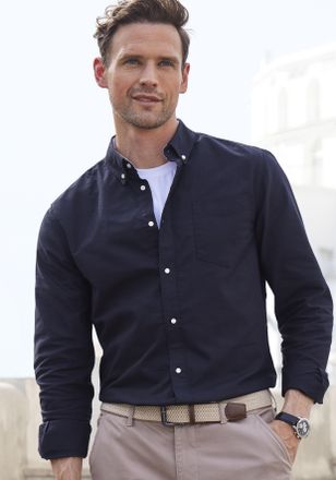 H.I.S Langarmhemd H.I.S regular-fit, Herren, Gr. XXL (45/46), N-Gr, schwarz, Web, Obermaterial: 100% Baumwolle, unifarben, regular fit, Rundhals, 2-Knopf-Ma