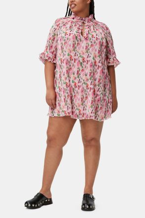 Ganni Pleated Georgette Ruffle Mini Dress - Size 32 Pink