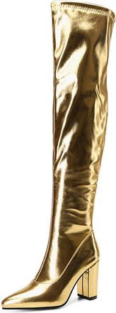 Generic Gold,9 UK,Womens Thigh High Boots Leather PU Stretch Over The Knee Boots Block Chunky Heel Pointed Toe Party Street Style Dress Long Boot