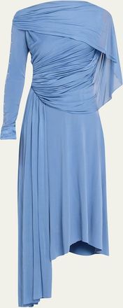 Lanvin Asymmetric Draped Jersey Button-Sleeve Midi Dress