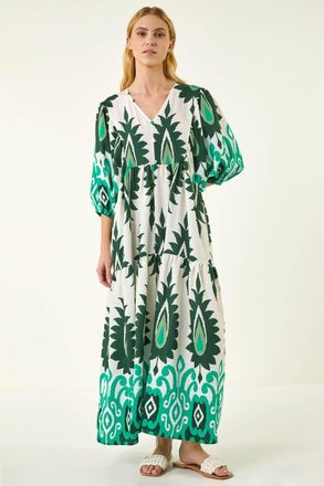 Roman Aztec Print V-Neck Midi Dress