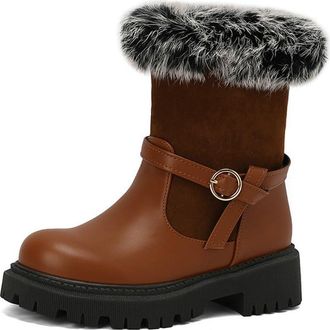Generic Womens Faux Fur Decor Ankle Snow Boots Round Toe Chunky Heels Platform Winter Thermal Hiking Shoes (7.5,Brown)