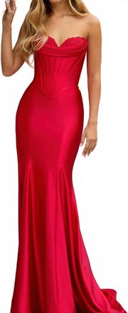 Sherri Hill Satin Fitted Corset Prom Dress In Red