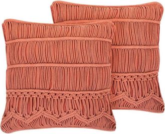 Beliani Beliani - Conjunto De Cojines Decorativos De Algod&oacute;n Naranja Macram&eacute; 45 X 45 Cm Cuerda Boho Retro Akkoy