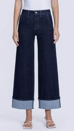 Flying Monkey High Rise Cuffed Ankle Wide Leg Jeans In Dark Blue