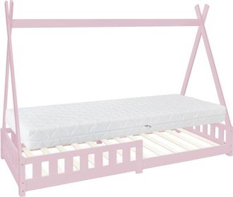ML Design Ml-design - Cama Infantil Tipi Madera De Pino Rosa Con Colch&oacute;n De Espuma Fr&iacute;a Hipoalerg&eacute;nico 90 X 200 Cm Estructura De Listones Con Protecci&oacute;n Antica&iacute;