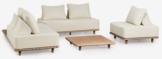 Sklum Conjunto De Sal&oacute;n Con Sof&aacute; Modular Rinconera De 2 Piezas,mesa Auxiliar,sill&oacute;n Y Mesa De Centro 95x95 Cm En Acacia Portet Sklum