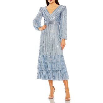 Mac Duggal Long Sleeve Deep V Tiered Ruffle Sequin Dress in Slate Blue at Nordstrom, Size 14