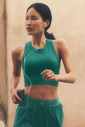 Alo | Seamless Modal Ribbed High Neck Delight Bra Tank Top in Emerald Isle, Size: Small