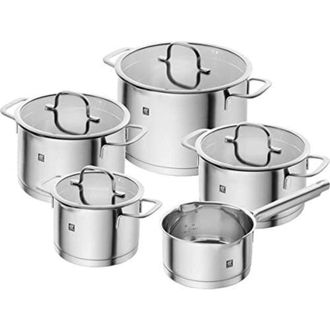 Zwilling Zwilling - Trueflow - Bater&iacute;a De Cocina (5 Piezas, Con Colador Integrado En La Tapa De Cristal, Apta Para Inducci&oacute;n, Sin Revestimiento, Acero Inoxidab