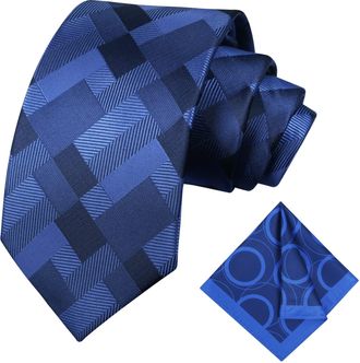 Alizeal Mens Necktie Plain Woven Striped Plaids Tie Handkerchief Set Formal Business Wedding, Royal Blue