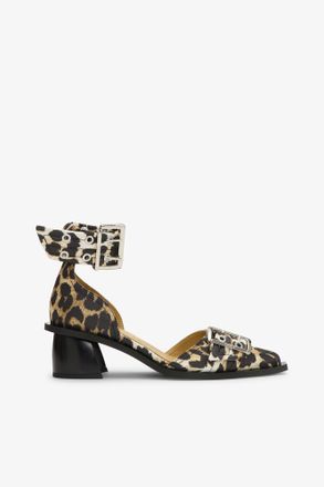 Ganni Leopard Print Feminine Buckle Open Cut Pumps - Size 10 Mixed