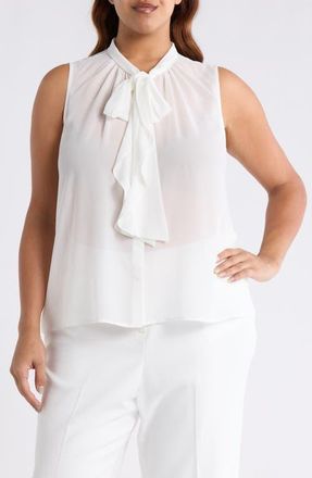 Tahari by ASL Ruffle Tie Sleeveless Chiffon Top in Ivory at Nordstrom, Size 1X