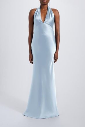 Amsale V-neck Fit-to-Flare Halter Gown in Ice at Nordstrom, Size 12