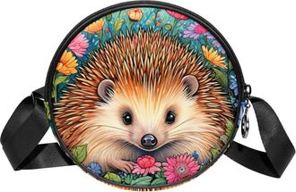 Generic Circle Crossbody Bag for Women, Color Drawing Hedgehog Small Sling Bag Daypack with Zipper Adjustable Shoulder Straps Casual Ladies Girls Round Purse