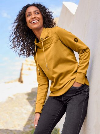 Heine Sweatshirt HEINE, Damen, Gr. 34, gelb (ocker), 50% Baumwolle, 50% Polyester, unifarben, Rundhals, Sweatshirts Sweatshirt