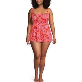 Lands End Womens Plus Size Square Neck Smocked Mini Swim Dress in Radiant Orange Floral Medley at Nordstrom, Size 20W