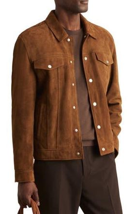 Reiss Edington Goatskin Suede Trucker Jacket in Tobacco Brown at Nordstrom Rack, Size X-Large