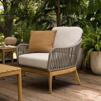 Castlery Isla Outdoor Lounge Chair, Solid Teak, Handwoven Rope Design, Multi Color