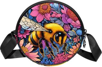 Generic Circle Crossbody Bag for Women, Color Drawing Bee Small Sling Bag Daypack with Zipper Adjustable Shoulder Straps Casual Ladies Girls Round Purse