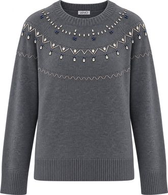 Liu Jo Gray Melange Crystal Embellished Wool Sweater