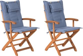 Beliani Beliani - Conjunto De 2 Sillas De Comedor De Jard&iacute;n De Madera De Acacia Clara Plegables Con Cojines Azules Maui