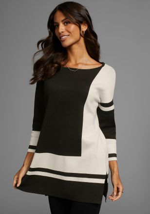 Laura Scott Longpullover LAURA SCOTT, Damen, Gr. 34, schwarz (schwarz, gemustert), Feinstrick, Obermaterial: 70% Viskose, 30% Polyamid, mehrfarbig, l&auml;ssig geschni