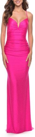 La Femme Rhinestone Ruched Jersey Prom Dress with Lace Up Back in Bright Colors in Neon Pink at Nordstrom, Size 12